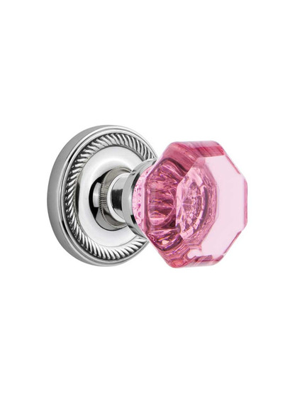 Rope Rosette Door Set with Colored Waldorf Crystal Glass Knobs Pink in Polished Chrome.